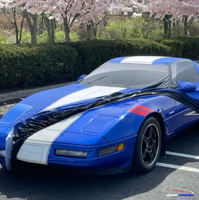 blue and white car cover